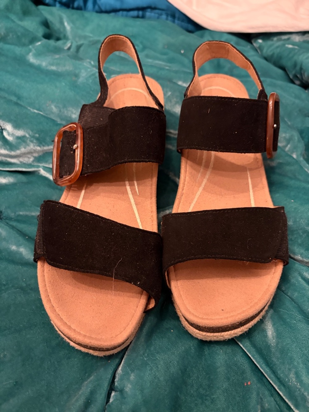 Aetrex Ashley Black Suede Double-Strap Wedge Sandals